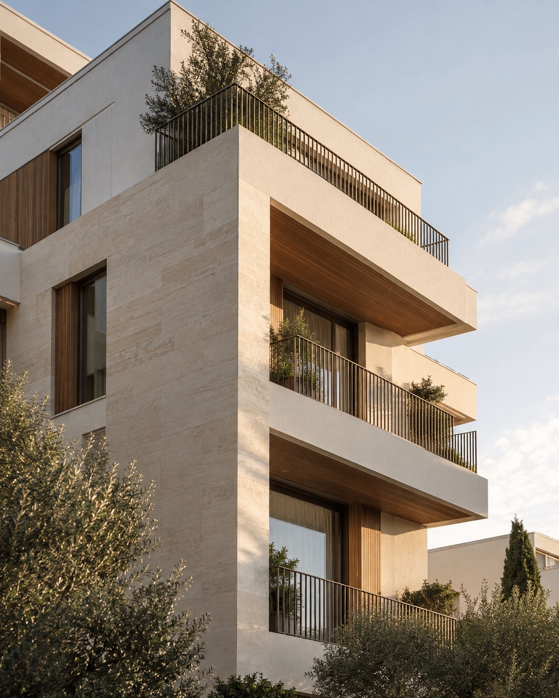 Zeitgenössische Wohnarchitektur mit heller Fassade, Balkonen und grünen Bäumen
